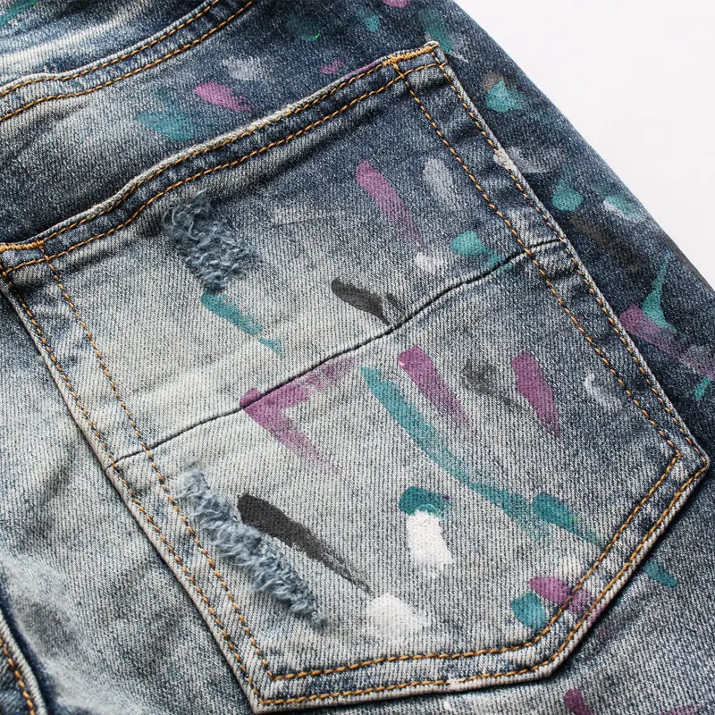 Heren Ripped Patch Jeans Jeugd Slim Biker Broeken Inkjet Personality - Trendy jeans met een stoere uitstraling voor jongeren. — foto 5