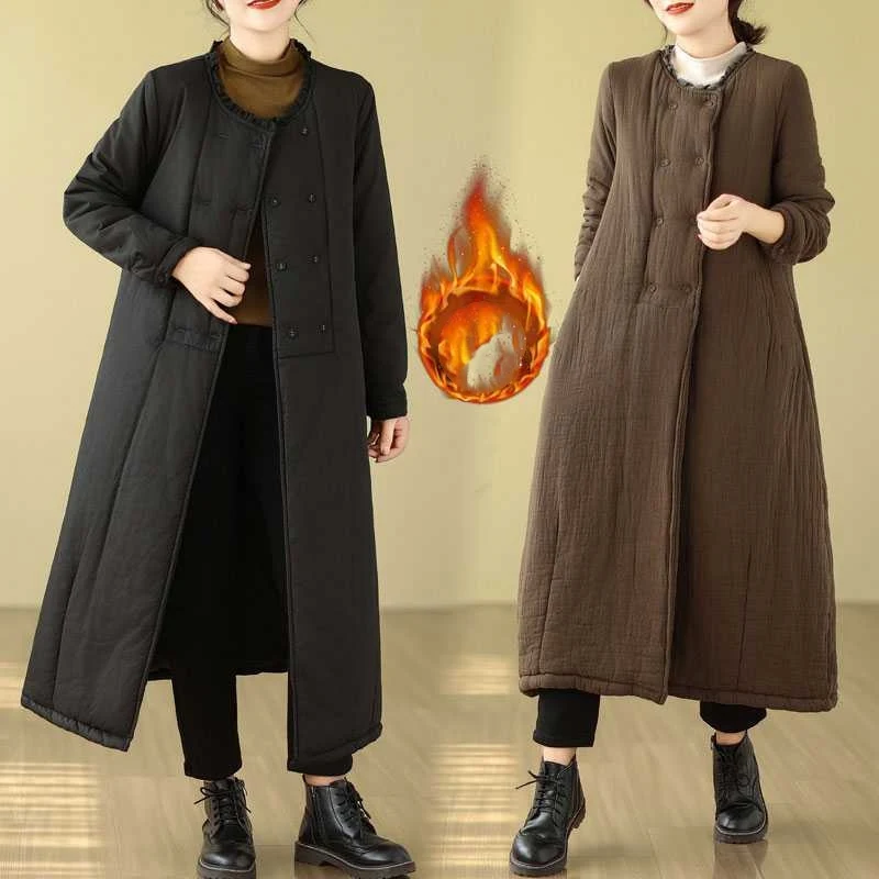Literair Plus Size jas, losvallend, effen kleur, dubbele rij knopen, gewatteerd katoen, dik en warm. Ideaal voor de winter. — foto 12
