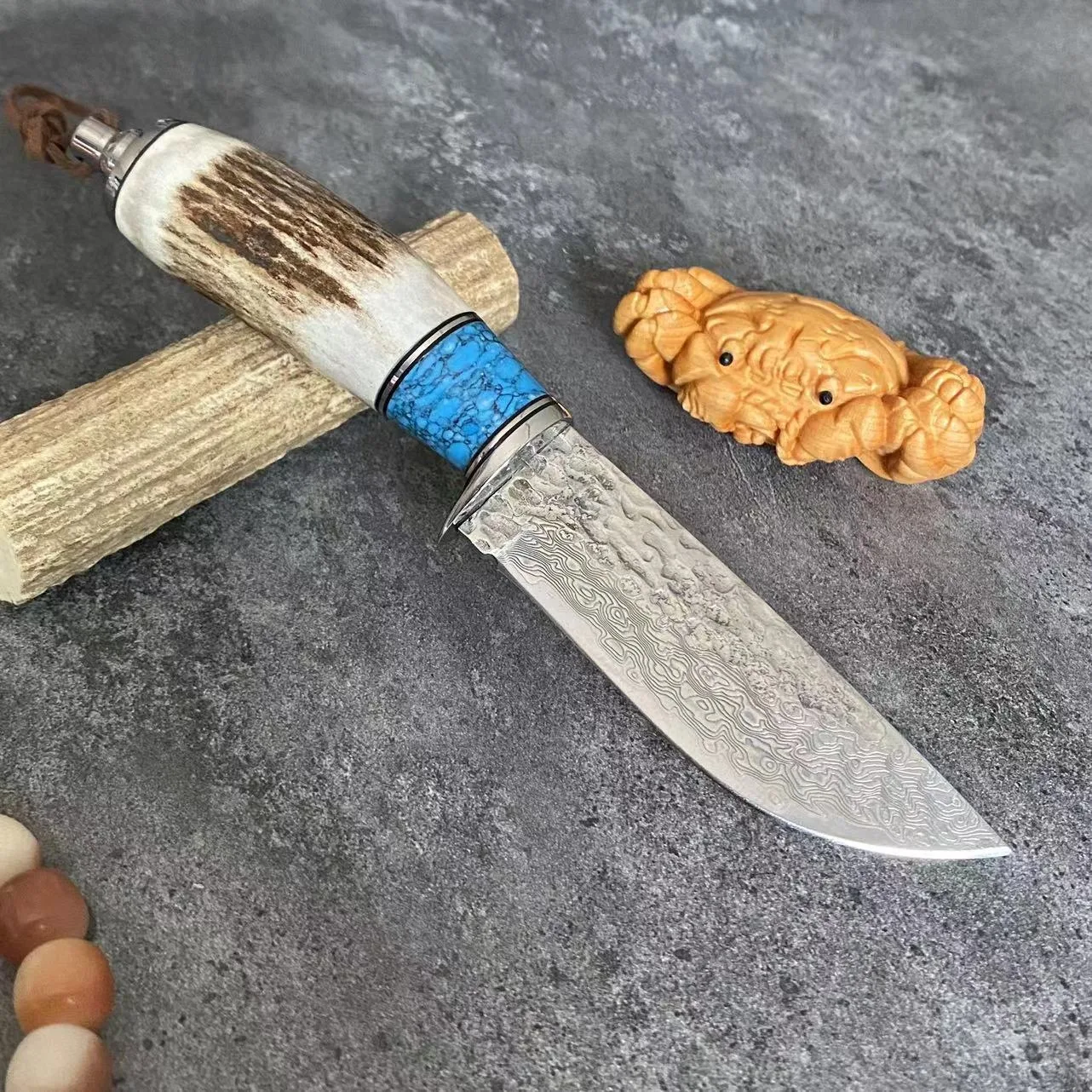 Title 7, Damascus Steel Straight Knife with Antler and T...
