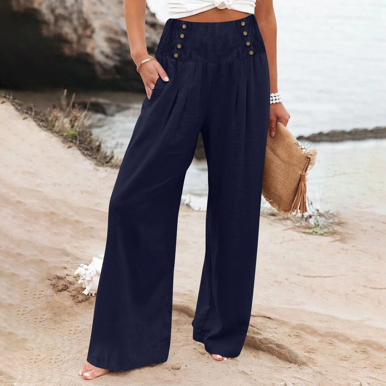 Title 12, Womens Casual Elastic High Waist Cotton Linen ...