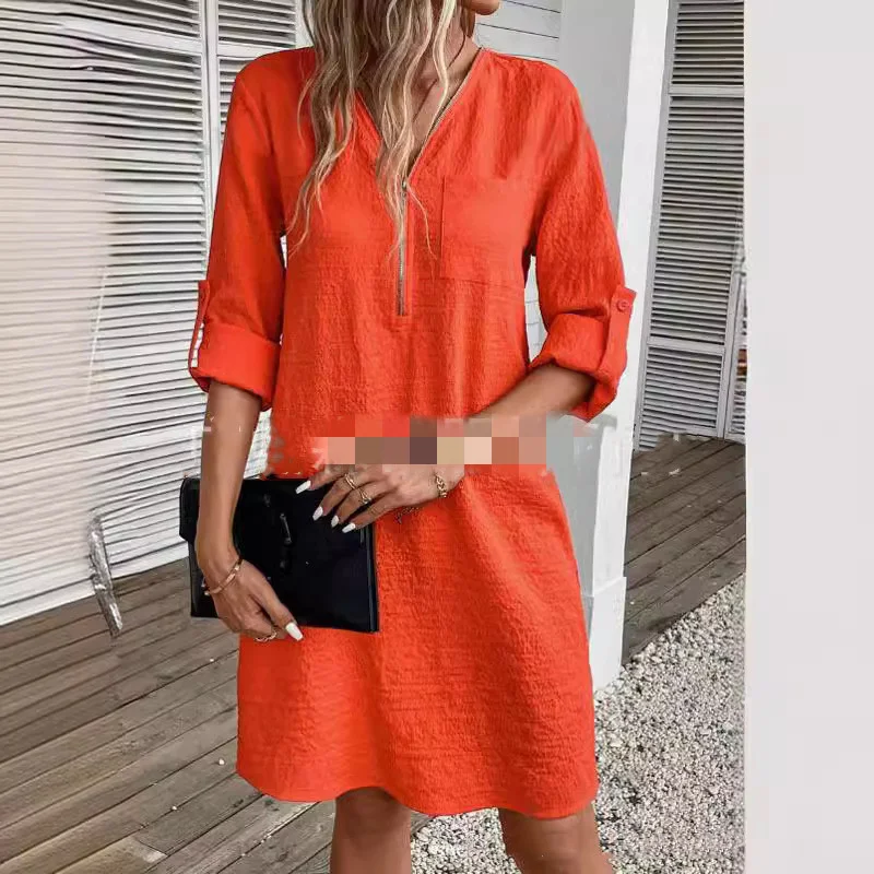 Women's Cotton And Linen Stitching Zipper V-neck Solid Color Dress — photo 3