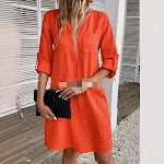 Women's Cotton And Linen Stitching Zipper V-neck Solid Color Dress — photo 3