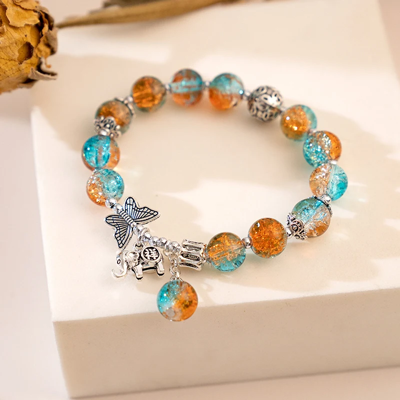 Pulseira feminina com cristal craquelado estilo chinês borboleta, contas gradientes e prata antiga, design único. — foto 7
