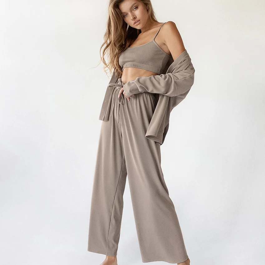 Title 4, Conjunto de pijama feminino de três peças cor s...