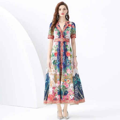 Title 5, Single-breasted Printed Elegant Dress