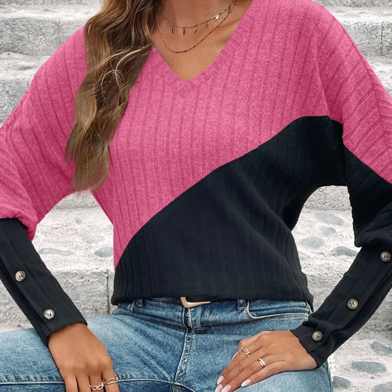 Long Sleeve V-collar Contrast Color Slimming Top — photo 12