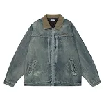 Jaqueta puffer jeans com gola virada e costuras coloridas, ideal para aquecer e adicionar estilo ao seu inverno com elegância. — foto 1