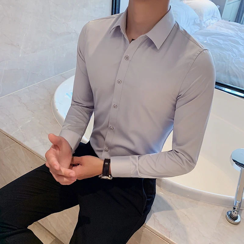 Title 2, New Mens Long Sleeved Shirt Solid Color Slim F...