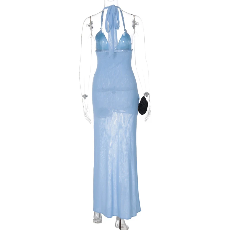Title 19, Deep V Halter Stitching Flower Slim Mid Split D...