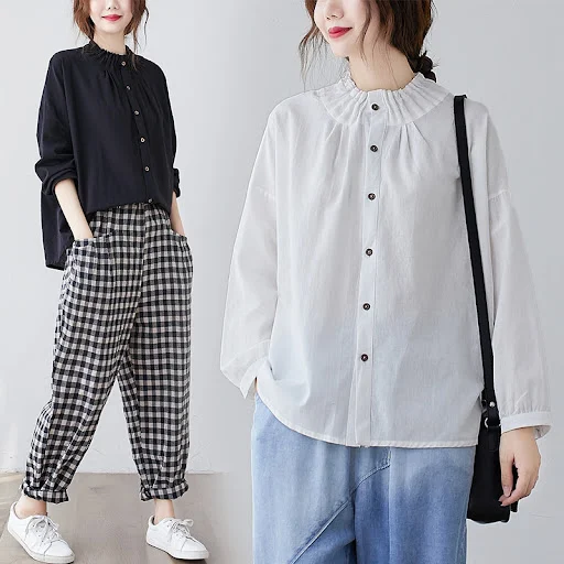 Title 5, Womens Long-sleeved Stand-collar Loose Solid C...