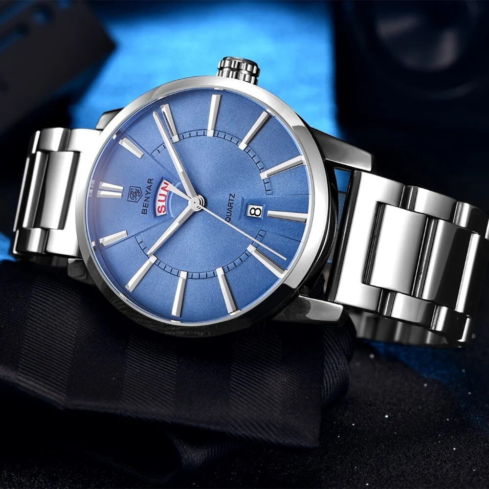 Relógio masculino Binya Fashion Calendar à prova d'água com pulseira de aço. Elegância e funcionalidade para todos os momentos. — foto 6