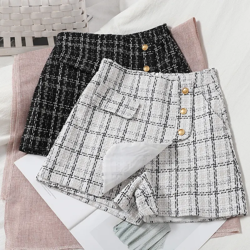 Veelzijdige leeftijdverlagende onregelmatige plaid rokbroek, Koreaanse versie, high waist tweed shorts, wijde pijpen broek, rechte broek. — foto 5