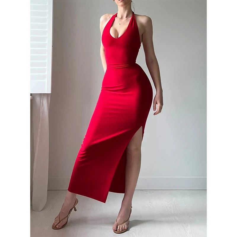 Pure Color Halter Lace-up Sexy Slit Dress — photo 20
