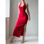 Pure Color Halter Lace-up Sexy Slit Dress — photo 20