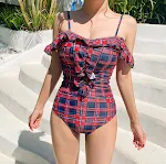 Girls plaid one-shoulder one-piece swimsuit, perfect for women, stylish and comfortable, ideal for beach or pool, enjoy — photo 4