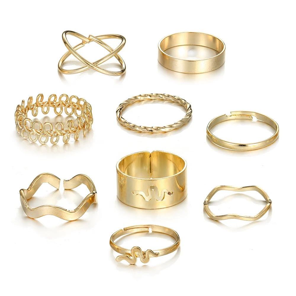 Conjunto de Anéis Vazados de Serpente Vintage 9 Peças Joia Exclusiva Estilo Charmoso Versátil Perfeito para Presentear e Usar em Qualquer Ocasião — foto 1
