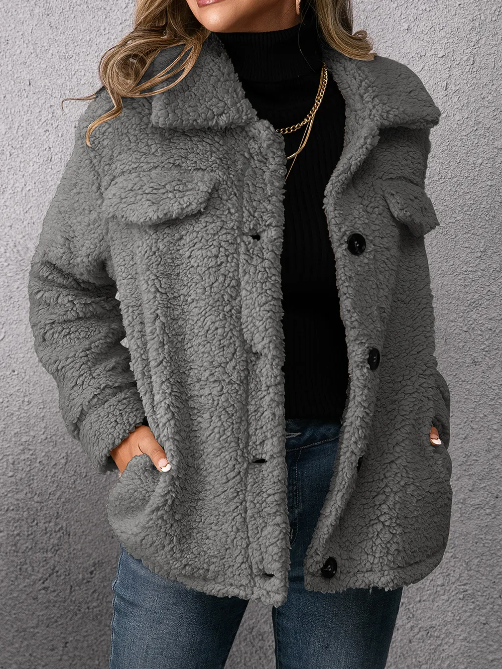 Title 2, Loose Casual Lapel Plush Jacket Lamb Fleece Coa...