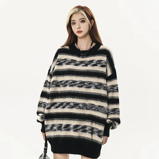 Title 15, Mohair Striped Round Neck Knitted Sweater for W...