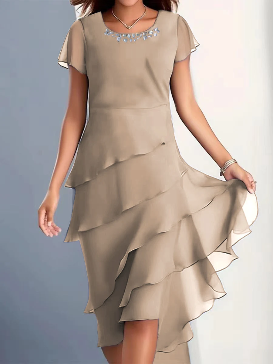 Title 5, Vestido feminino de chiffon patchwork com decot...