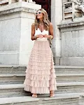 Saia longa de verão com babados em camadas, corte A, evasê, malha, vestido de festa feminino, ideal para eventos e ocasiões especiais. — foto 10