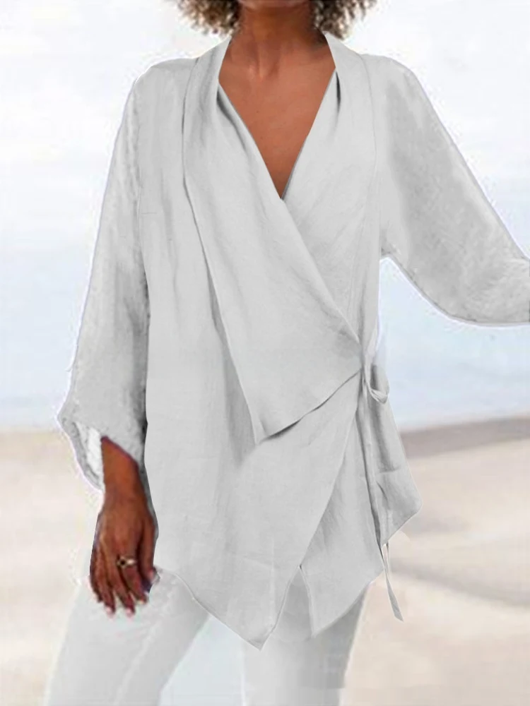 Top casual da donna in misto cotone e lino, tinta unita, orlo irregolare annodato, vestibilità comoda, perfetto per l'uso quotidiano. — foto 2