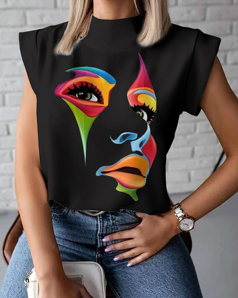 Title 3, Top casual feminino estampado sem mangas