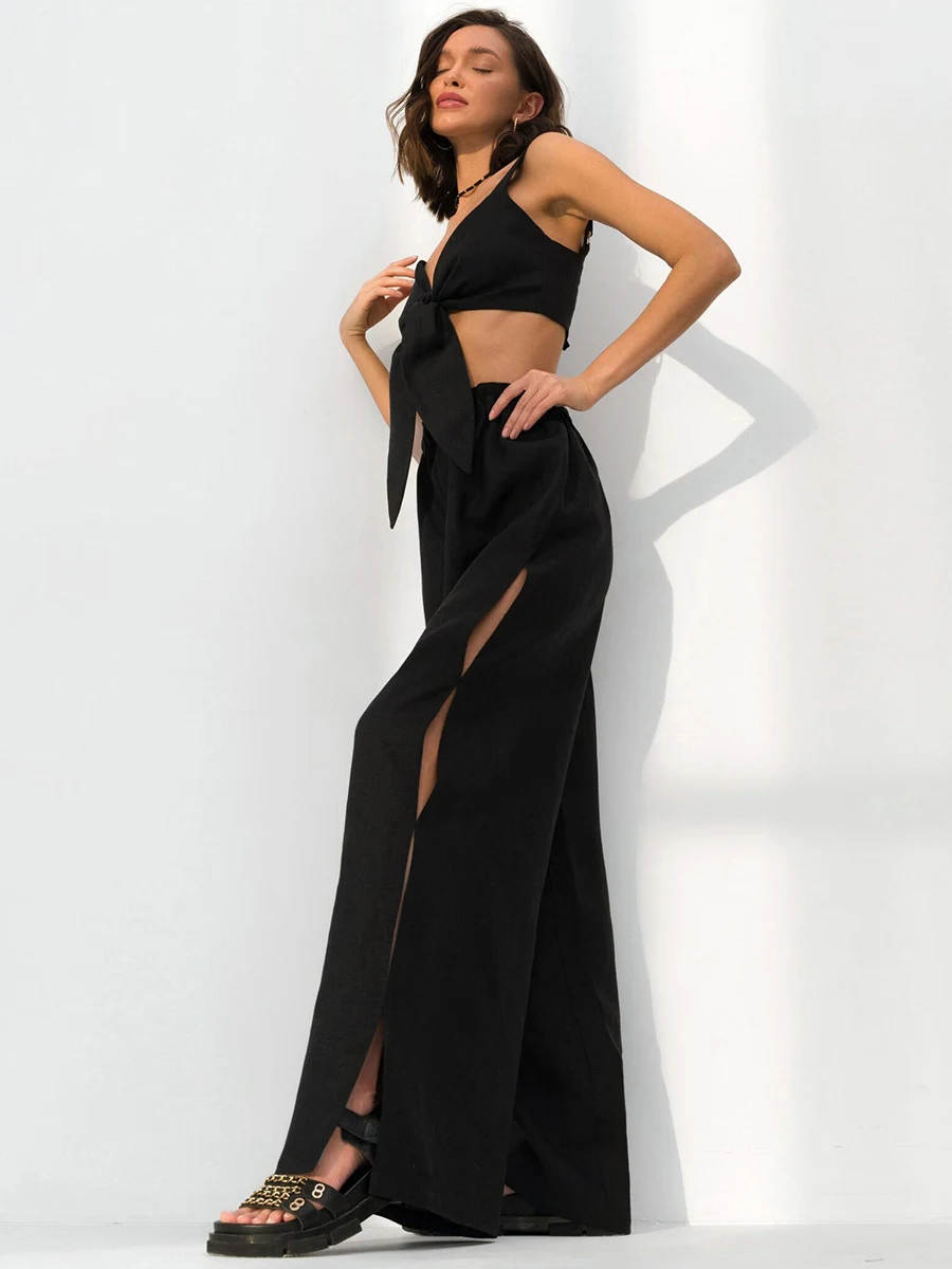 Conjunto feminino casual de algodão e linho com decote em V. Conforto e estilo para o dia a dia. Perfeito para um visual relaxado e fresco. — foto 4