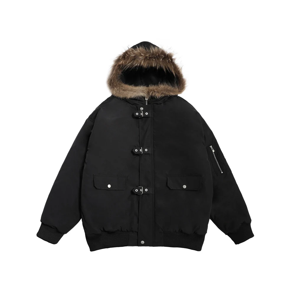 Men's Hooded Winter Coat with Fur Collar, Loose Cotton-padded, Trendy Brand Metal Buckle Top. Stay warm and stylish in t — photo 9