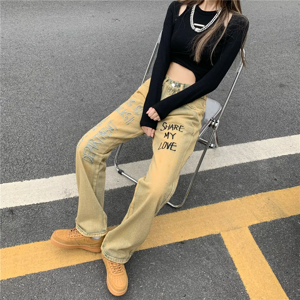 Title 3, High Waist Slim Straight Loose Ink Splash Jeans...