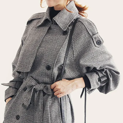 Title 6, Large Size Trench Coat Double-breasted Plaid Wo...