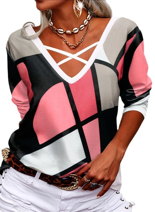 Title 8, Long Sleeve Casual Loose V-neck Cross Geometric...
