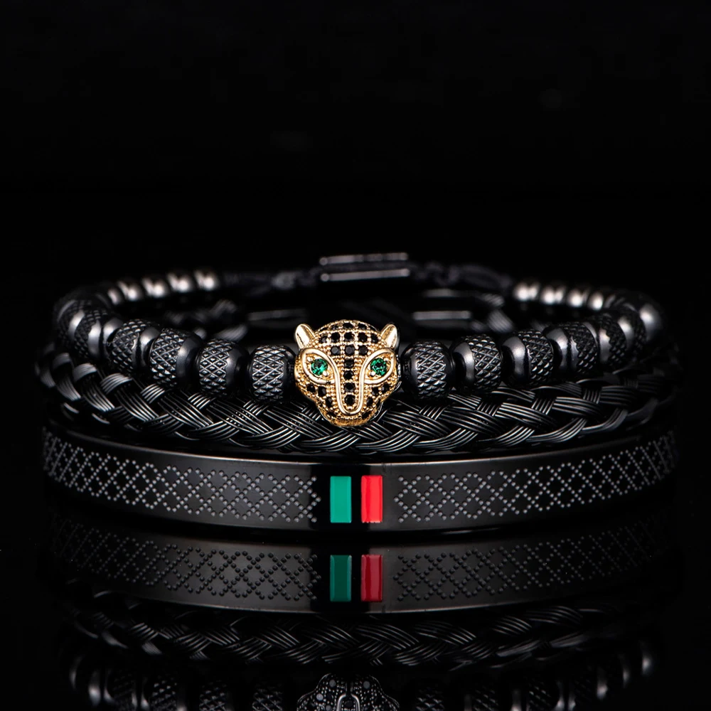 Conjunto de pulseira com cabeça de leopardo microincrustada em aço inoxidável. Adicione um toque selvagem e sofisticado ao seu visual diário. — foto 6