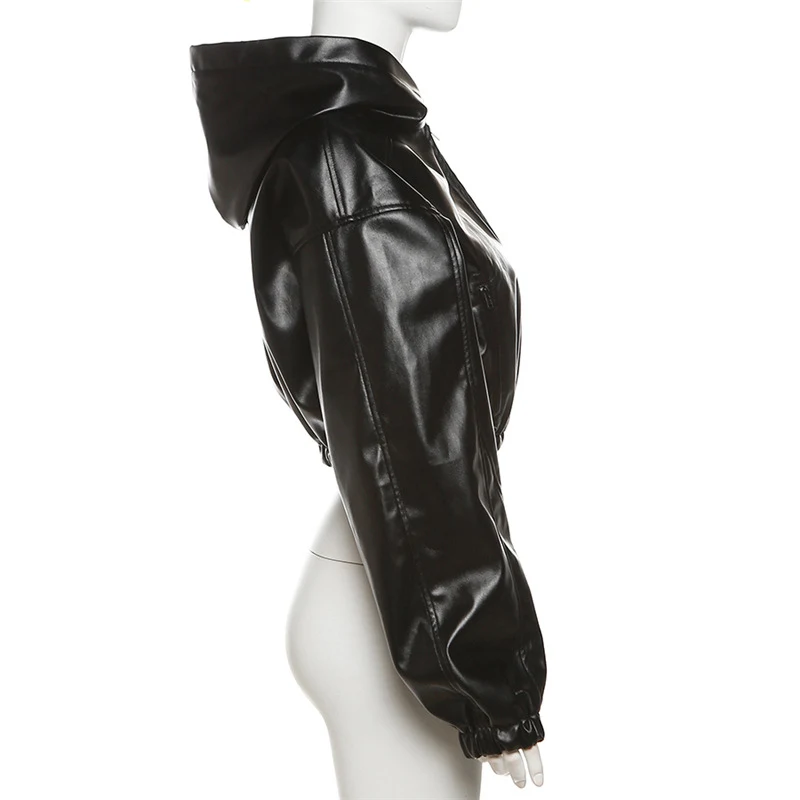 New Women's Long Sleeve Zipper Slim Fit Hooded Faux Leather Coat – Stylish and Comfortable Outerwear for a Modern Woman — photo 6