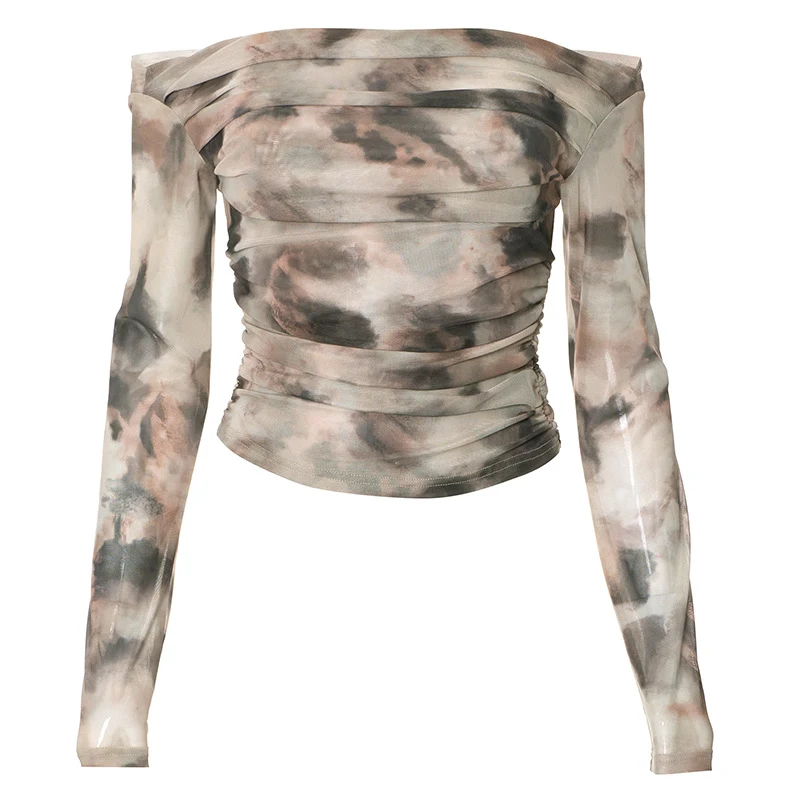 Women's Printed Off-Neck Long Sleeve Backless Pleated Top. Stylish and flattering design, perfect for parties and specia — photo 14