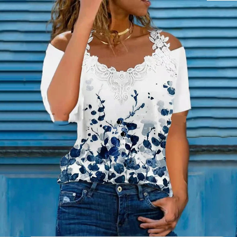 Title 7, V Neck Lace Shoulder Drain Short Sleeve Casual ...