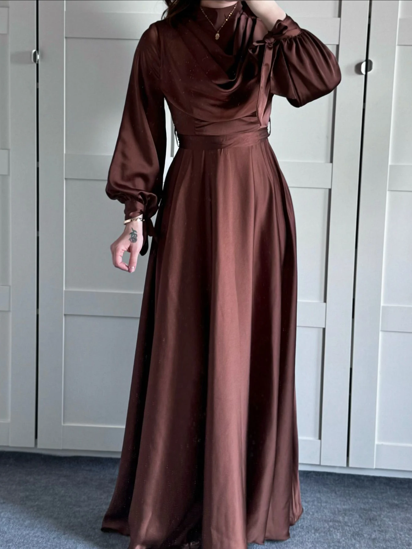Satin Plunge Collar Long-Sleeve Strappy Maxi Dress for a sophisticated and elegant look, perfect for special occasions. — photo 11