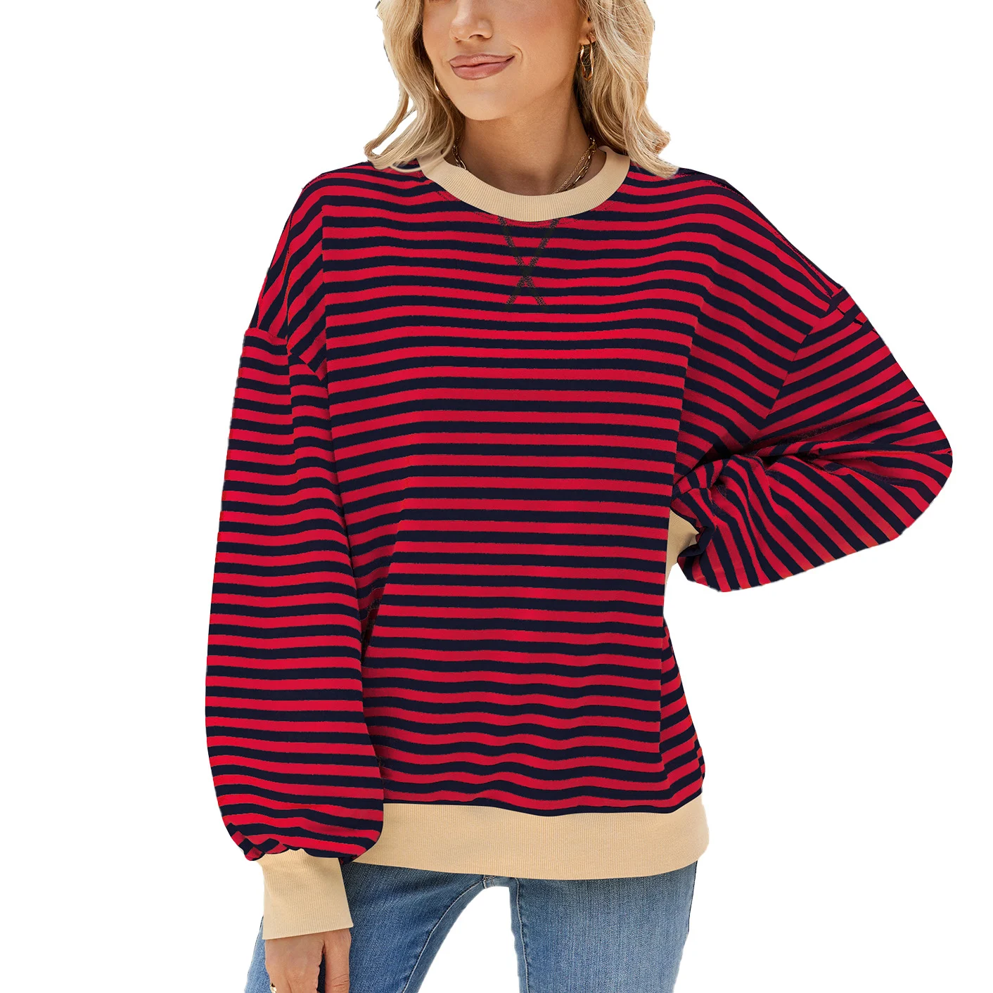 Damen Streifen Rundhals Kontrastfarbe Locker Langarm Sweatshirt für gemütliche Styles, perfekt für Alltag und Freizeit. — foto 7