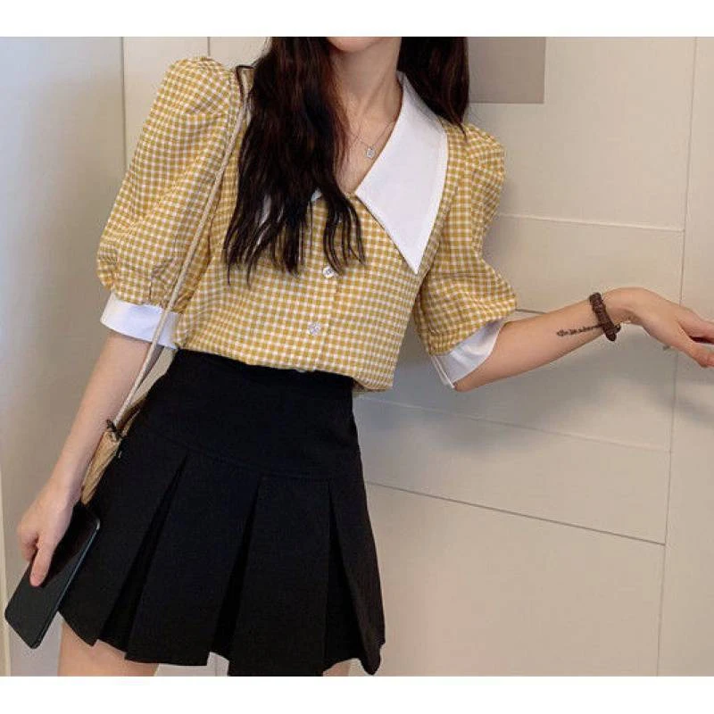 Title 5, Puff Sleeve Plaid Shirt For Women Design Summer...