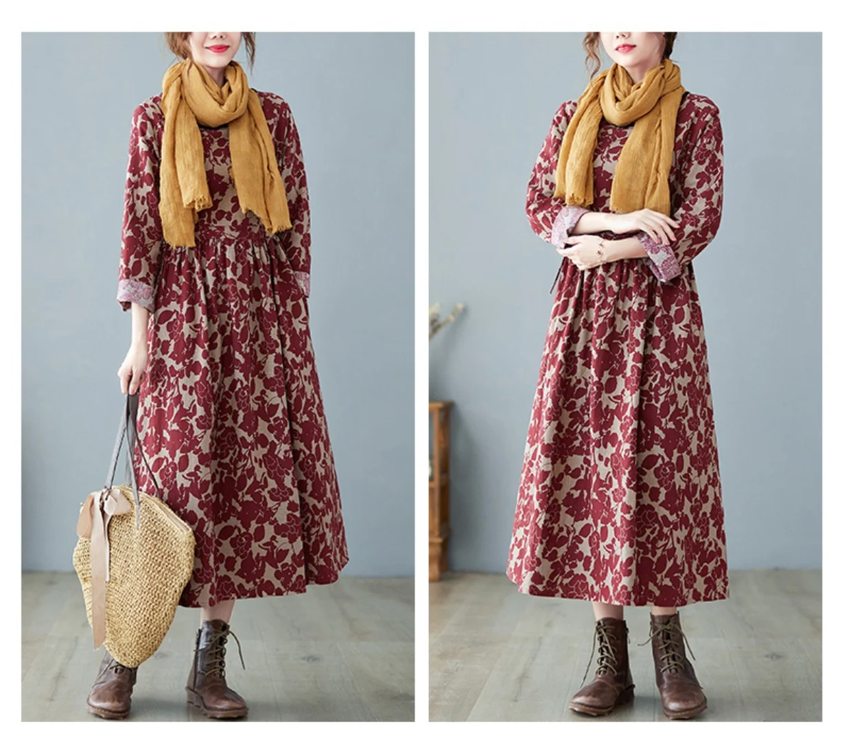 Title 9, Retro Art Floral Print Cotton and Linen Dress f...