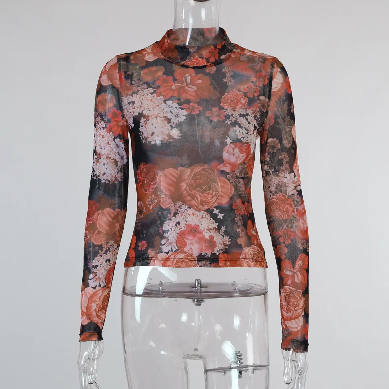 Round Neck Long-sleeved Flower Printing Net Yarn T-shirt Women — photo 3