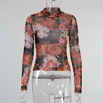 Round Neck Long-sleeved Flower Printing Net Yarn T-shirt Women — photo 3