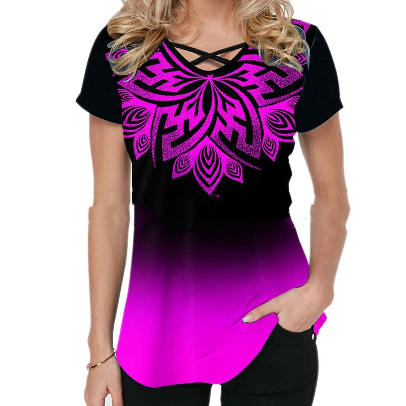 Women's Fashion Casual Print Tie V-Neck Short Sleeve T-Shirt — photo 4