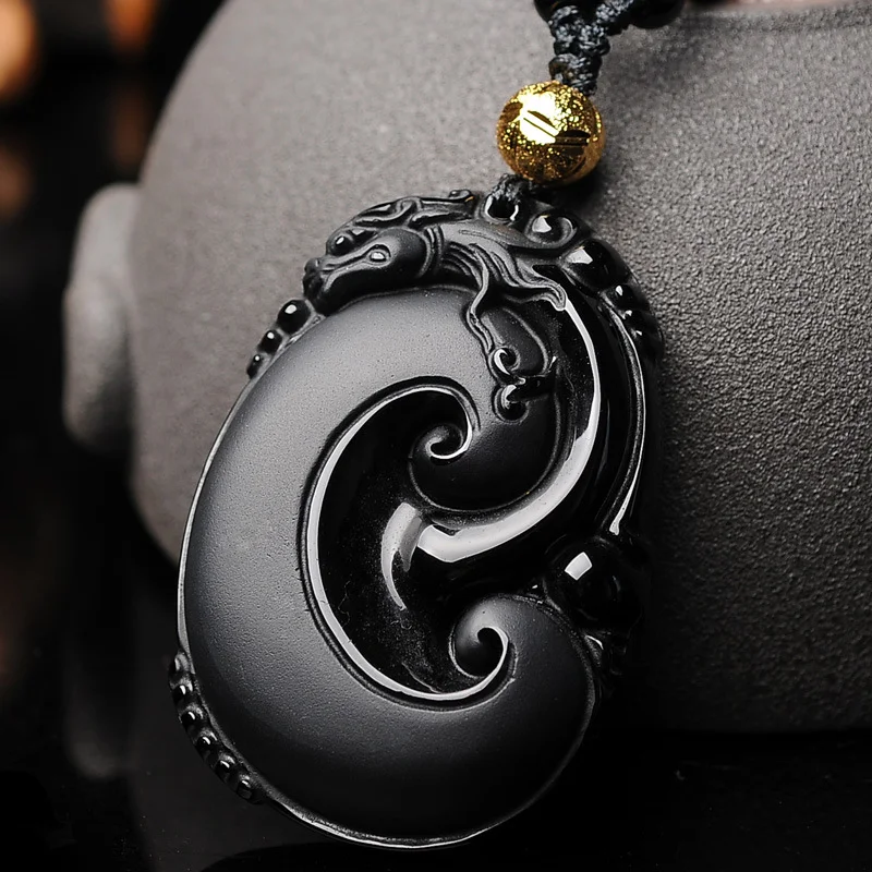 Title 5, Colar Pingente Pi Xiu de Obsidiana Natural Fosc...