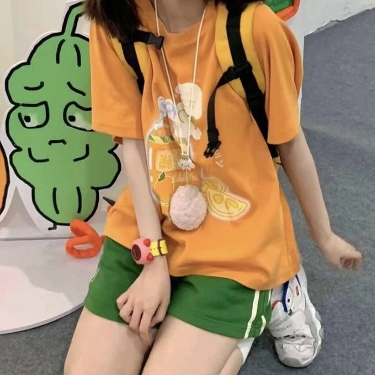 Title 2, Camiseta feminina laranja amarela fofa de manga...