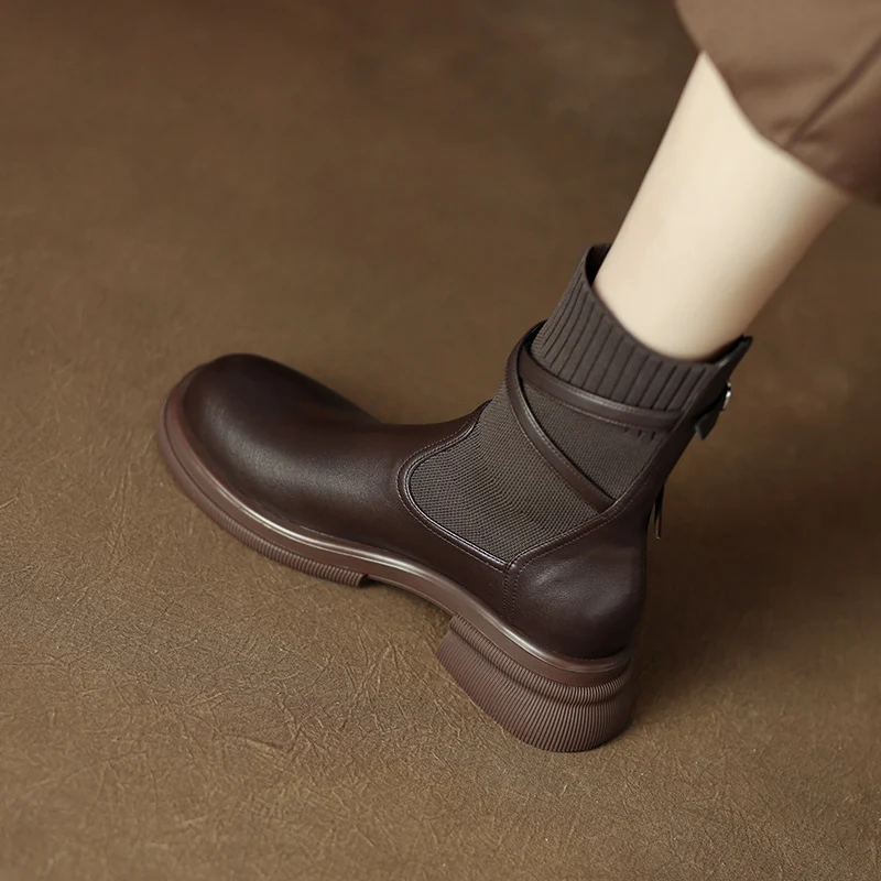 Women's Thick Bottom Chunky Heel Real Soft Leather Round Toe Retro Sock Boots, Combining Comfort and Classic Style for E — photo 3