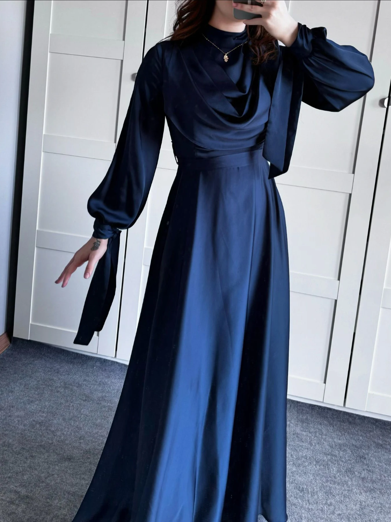 Satin Plunge Collar Long-Sleeve Strappy Maxi Dress for a sophisticated and elegant look, perfect for special occasions. — photo 8
