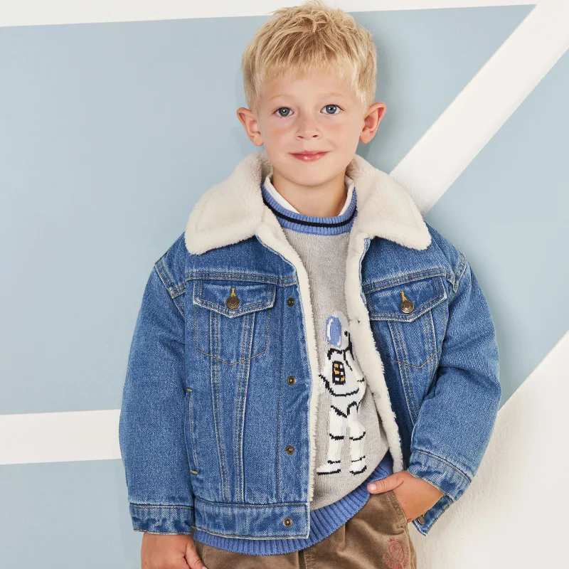 Jaqueta jeans abotoamento simples com lapelas de veludo — foto 5