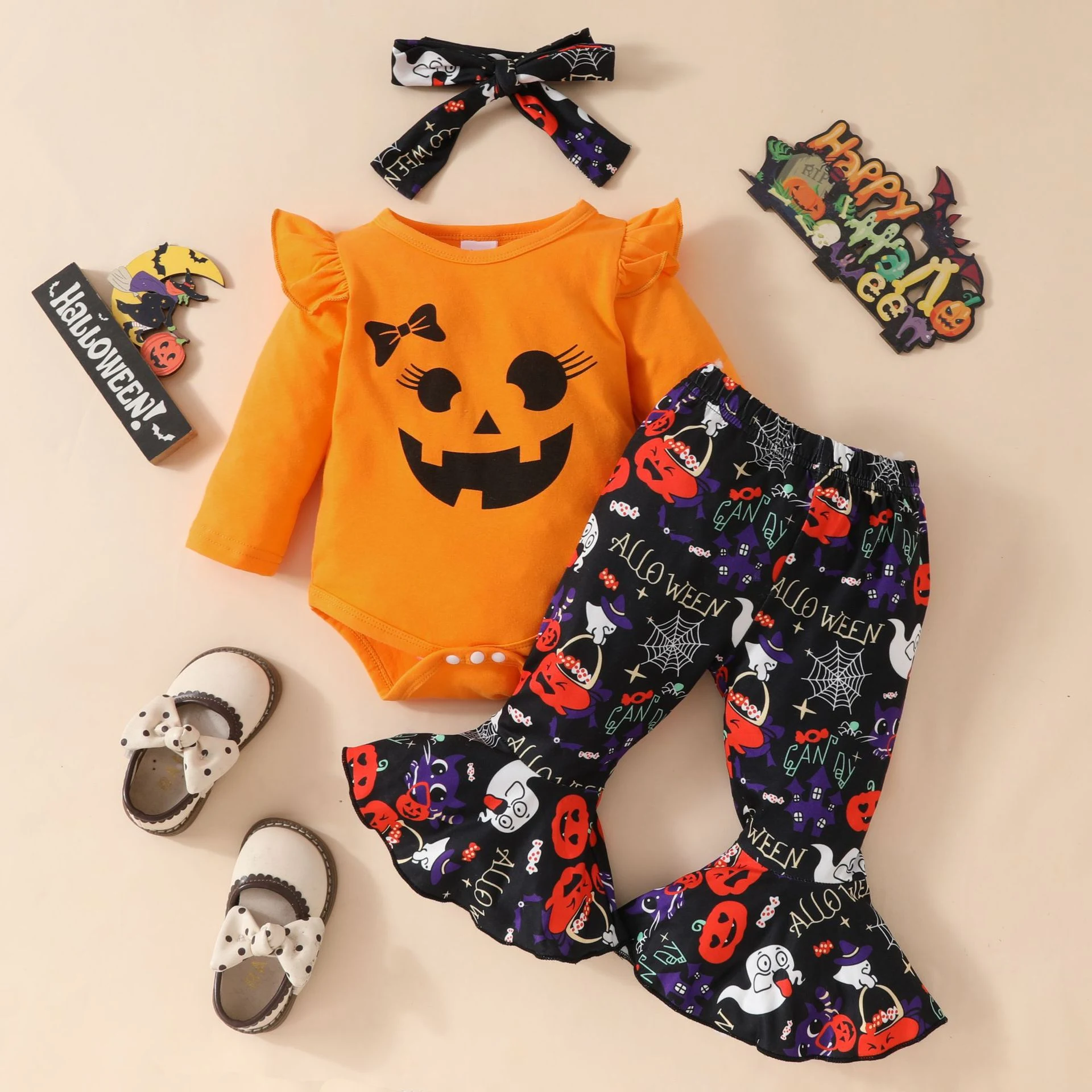 Roupa de Halloween para bebê Manga Longa Calças Flare Estampa Grimace Abóbora Fantasma Confortável e Divertido — foto 2