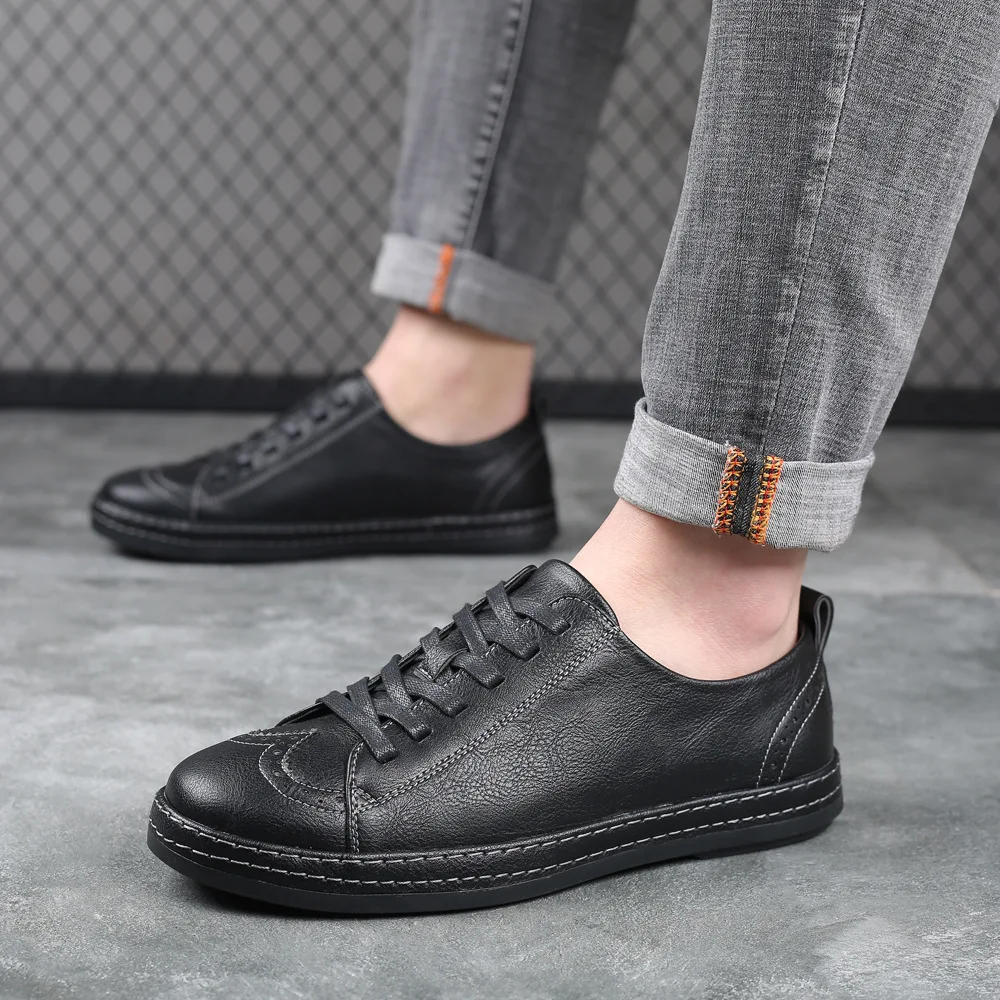 Męskie skórzane buty sznurowane z modnymi przeszyciami, idealne na co dzień, zapewniające wygodę i stylowy wygląd. — zdjęcie 9