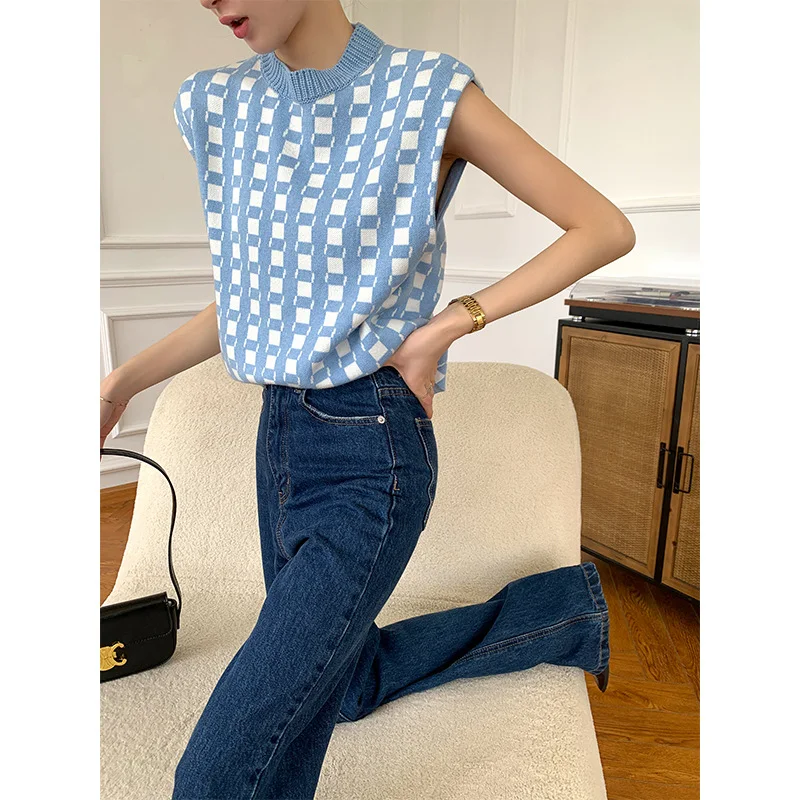 Title 10, Knitted Blue And White Plaid Vest Top